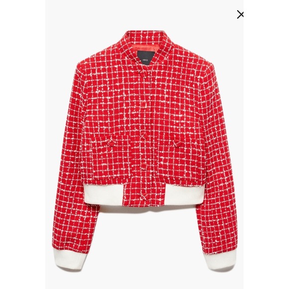 Mango Helena Red White Tweed Bomber Jacket Mock Neck Cropped XL NEW 57086010 - Picture 3 of 6